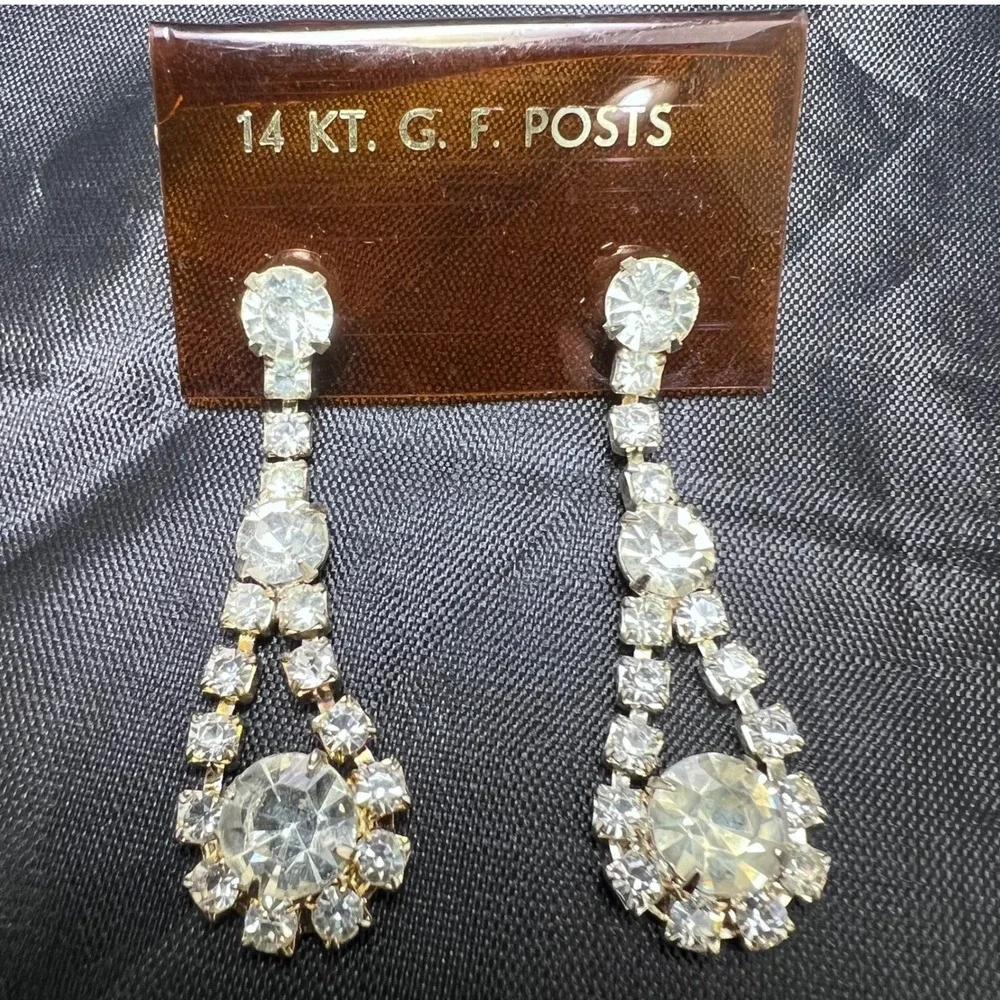 Vtg Rhinestone Dangle Earrings 14KT GF Posts 1.75